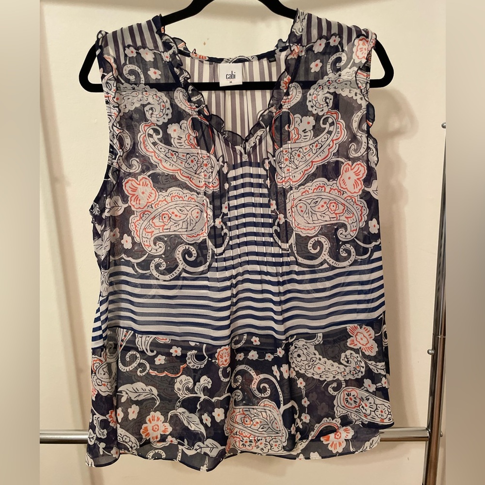 CAbi Navy, Red and White Sleeveless Blouse